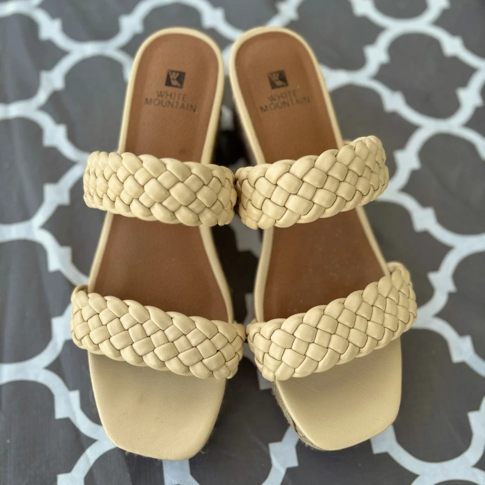 White Mountain Braided Double-Strap Wedge Sandals in Cream